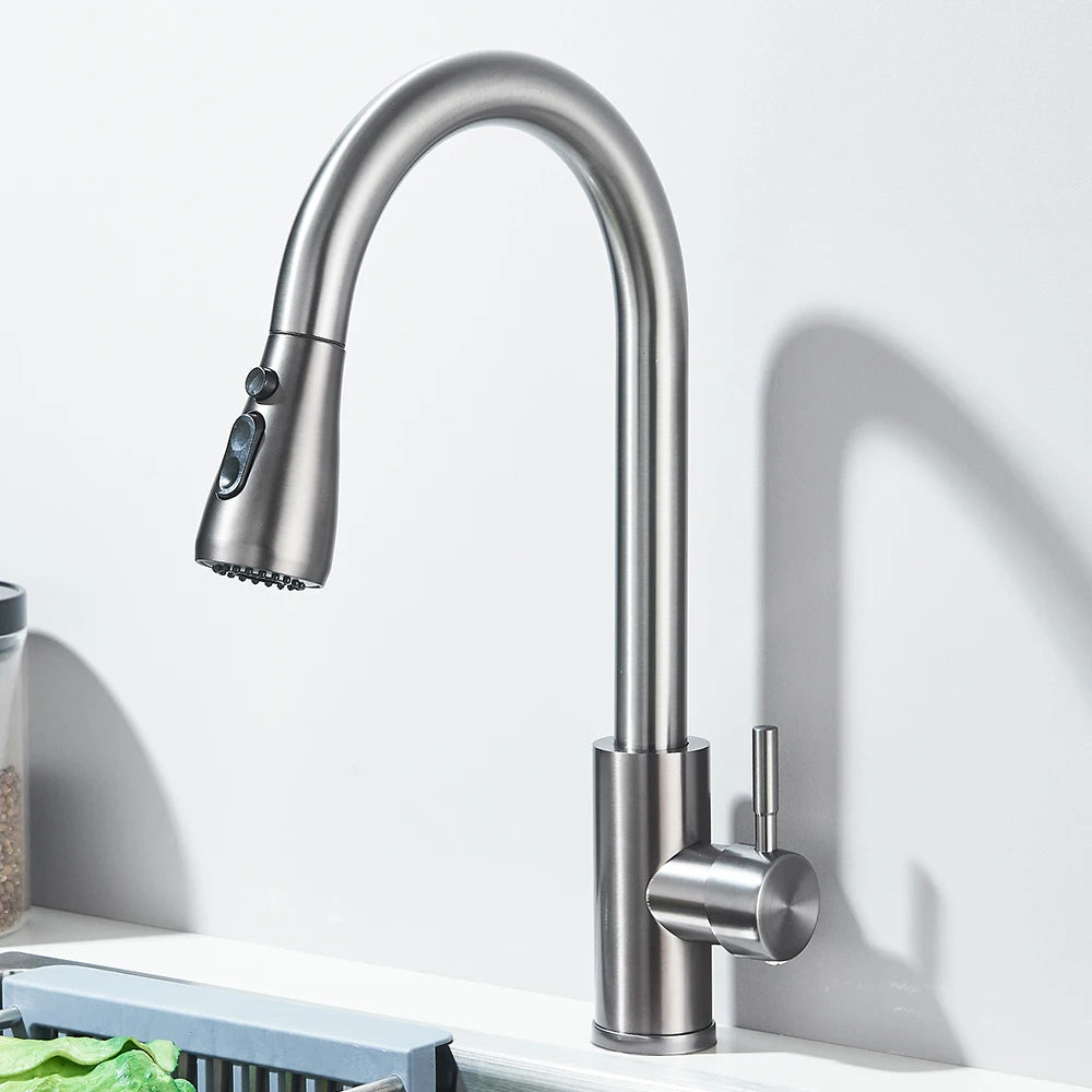 304 Stainless Steel Pull Out Kitchen Faucet 360 Rotate Shower/Stream Sprayer Head Mixer Hot and Cold Water Tap Deck Mounted
