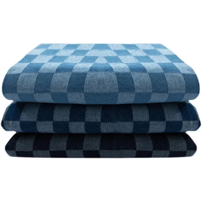 100% Cotton Jacquard Denim Fabric Plaid Jeans By The Meter for Dress Shirt Designer Clothing Sewing Washed Thickened Cloth Blue