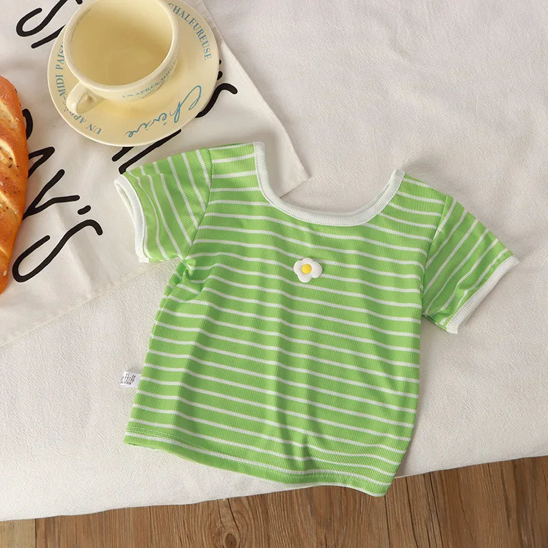 T-shirt Summer Square Collar Tops Casual Versatile Children Clothing New Baby Girls Tees Short Sleeve