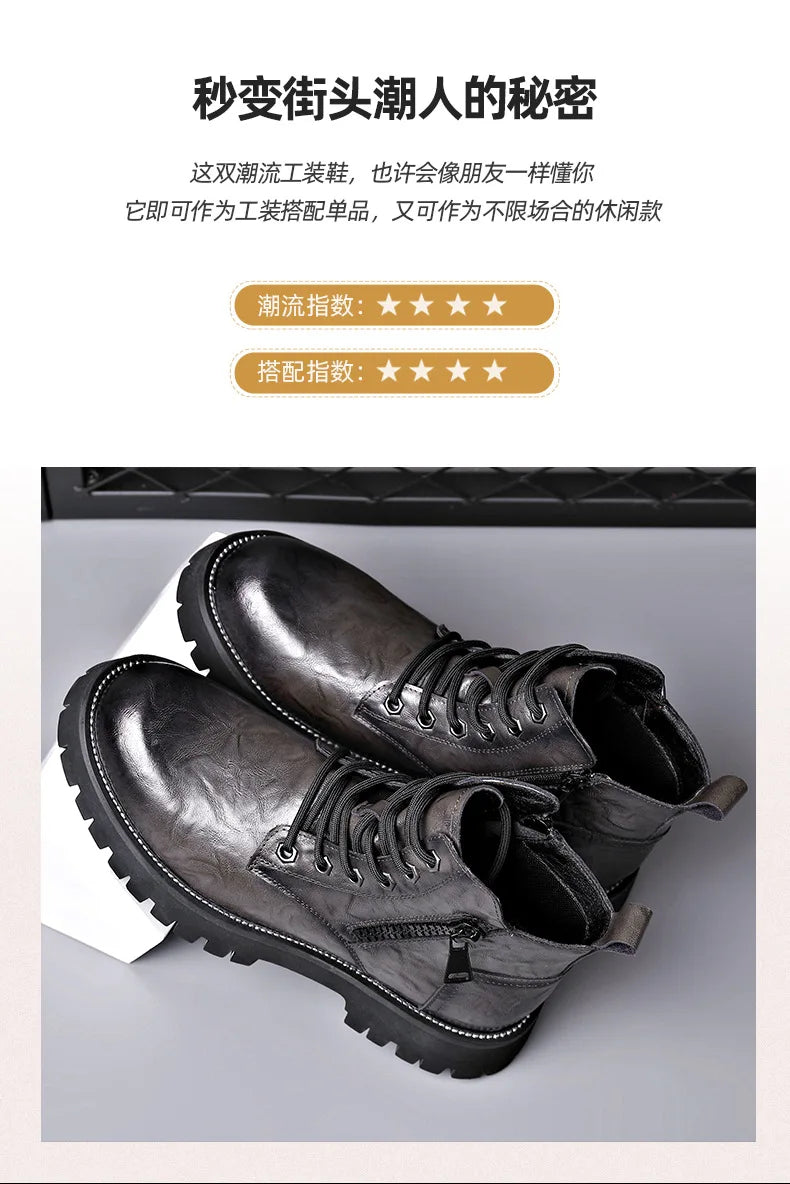 2025 autumn and winter boots men's British style versatile high top leather shoes workwear snow leather boots men's short boots