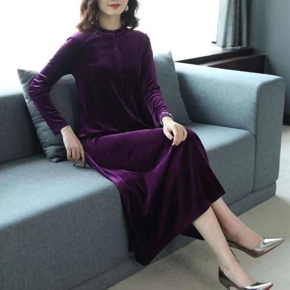 Women Fall Dress Solid Color Loose Long Sleeves Button Maxi Dress Keep Warm Velvet Mom Spring Dress Women Clothes