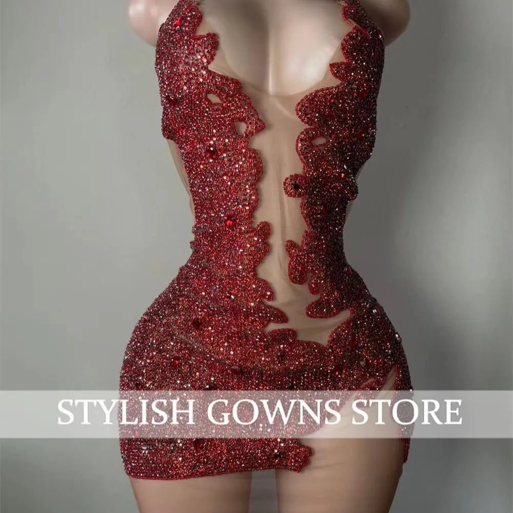 Red Sheer Diamond Short Prom Dress Black Girls Birthday Party Dresses Beaded African Cocktail Dresses Homecoming 2026 Customized