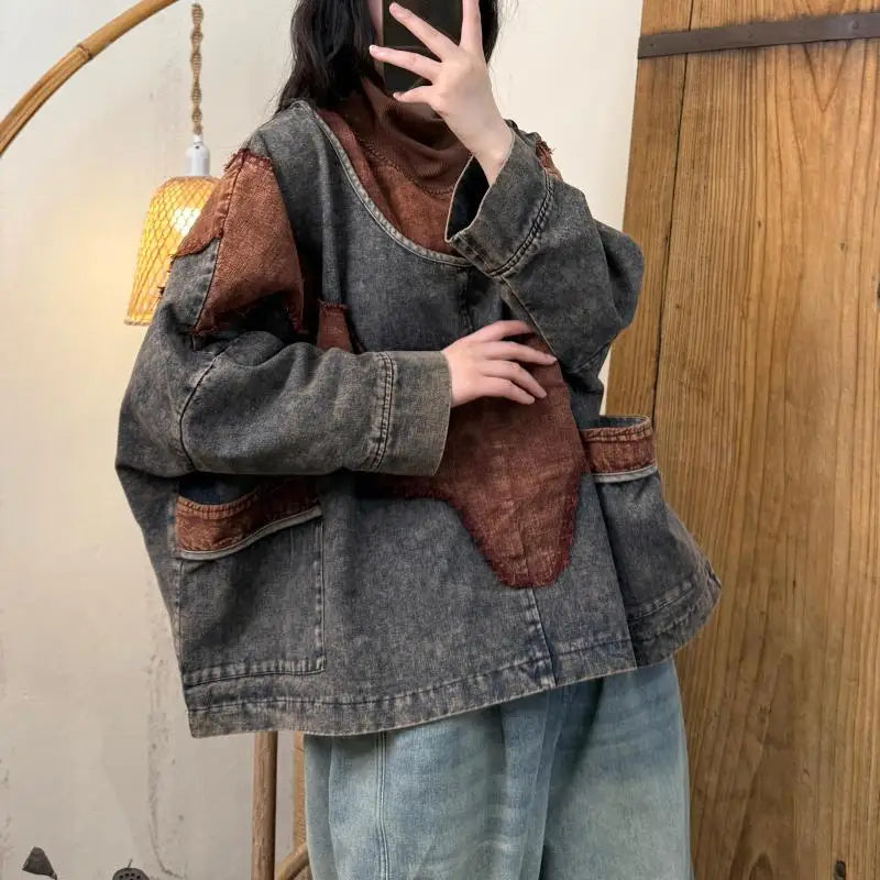 Spring Autumn New Arts Style Women Batwing Sleeve Turtleneck Pullovers Cotton Denim Vintage Patchwork Loose Hoodie Coat TH139