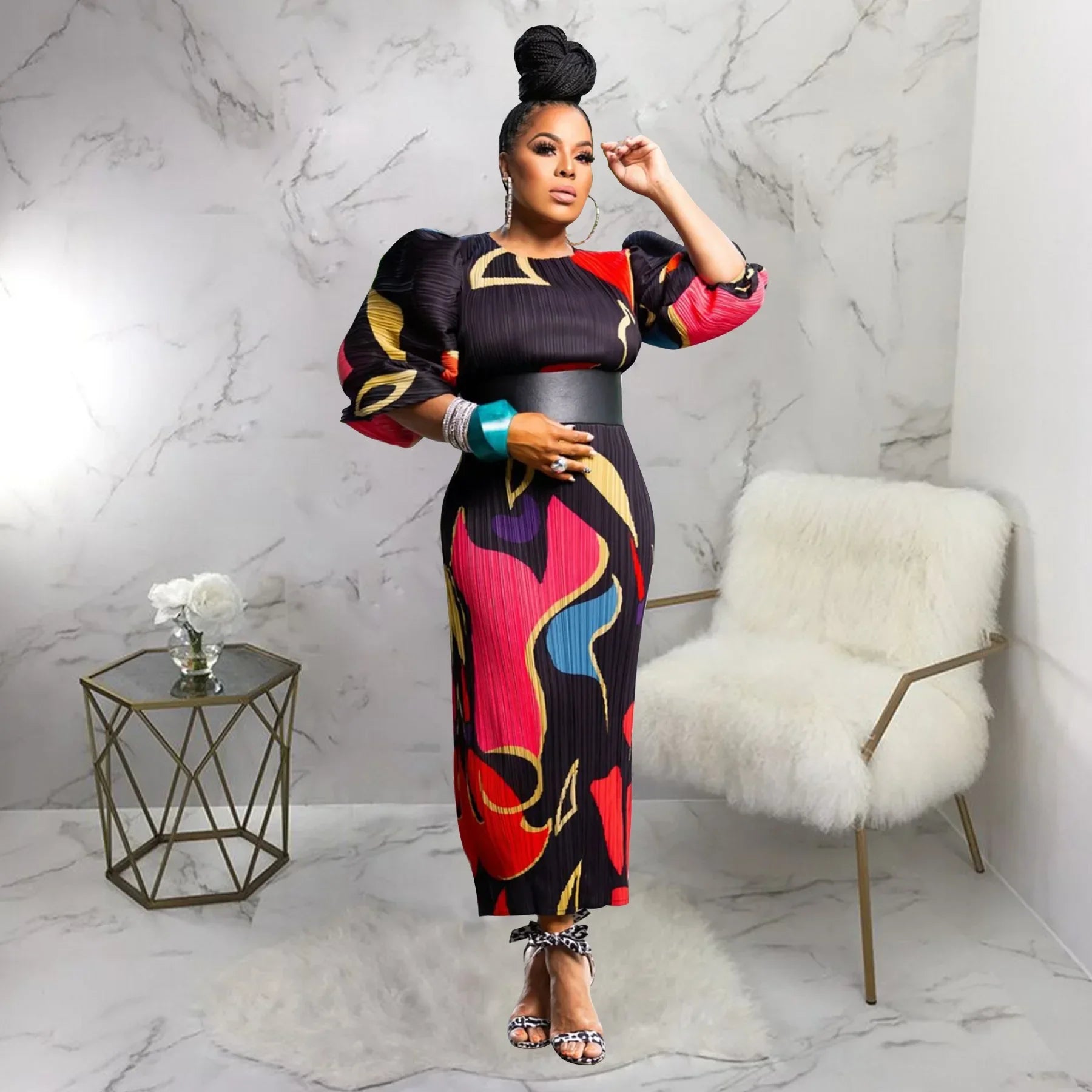 Elegant Women Pleated Half Lantern Sleeve O-neck Slim Maxi Long Dress Print Fashion Autumn 2025 Ruched Dresses Vestidos