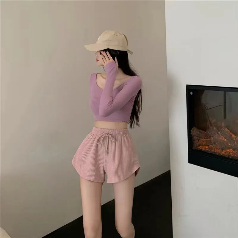 New Summer Waffle Shorts for Women, High Waist Plus Size Loose Casual Pants, Internet Famous Sports Fitness Shorts