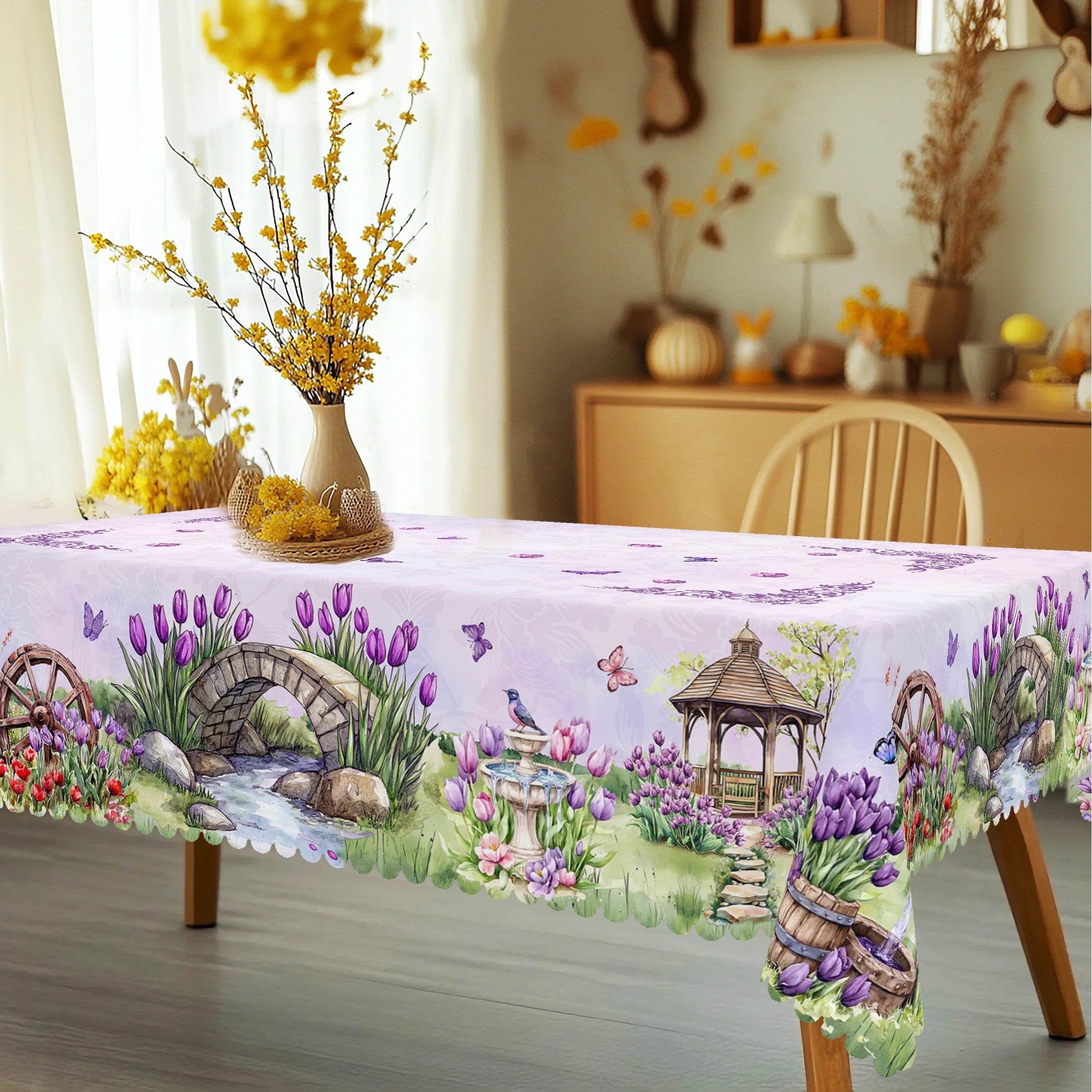 1 Piece of Spring/Summer Printed Round and Rectangular Tablecloth, Available in Various Sizes, with Purple Tulips and Lavender Interwoven, Featuring a Vintage Scroll Border and Butterfly Petal Embellishments, with Embossed Ed