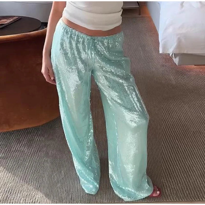 Street Sequin Loose Lace Up Pants Women Elastic Waist Wide Leg Trousers Female 2026 Spring Summer Lady Shiny Party Club Clothes
