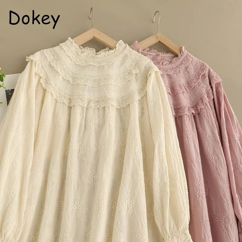 Vintage Embroidery Hollow Out Cotton Linen Dress Women Spring Mori Girl Lace Ruffled Casual Long Sleeve Loose Pullover Vestidos