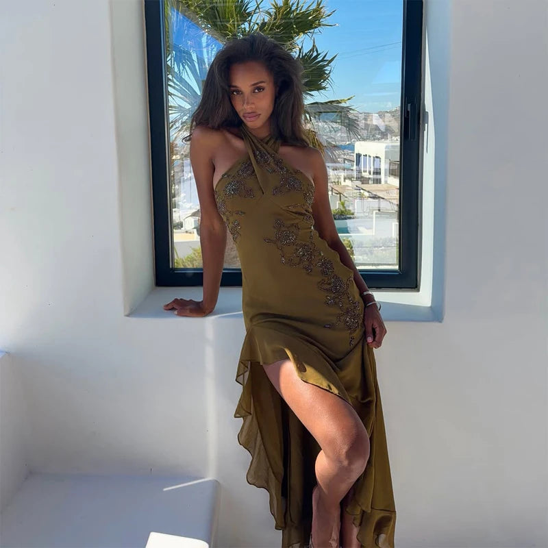Women Halter Neck Beaded Evening Maxi Dress Floral Rhinestone Slit Ruffle Formal Party Gown 2026 Summer New Female Daily Outfit