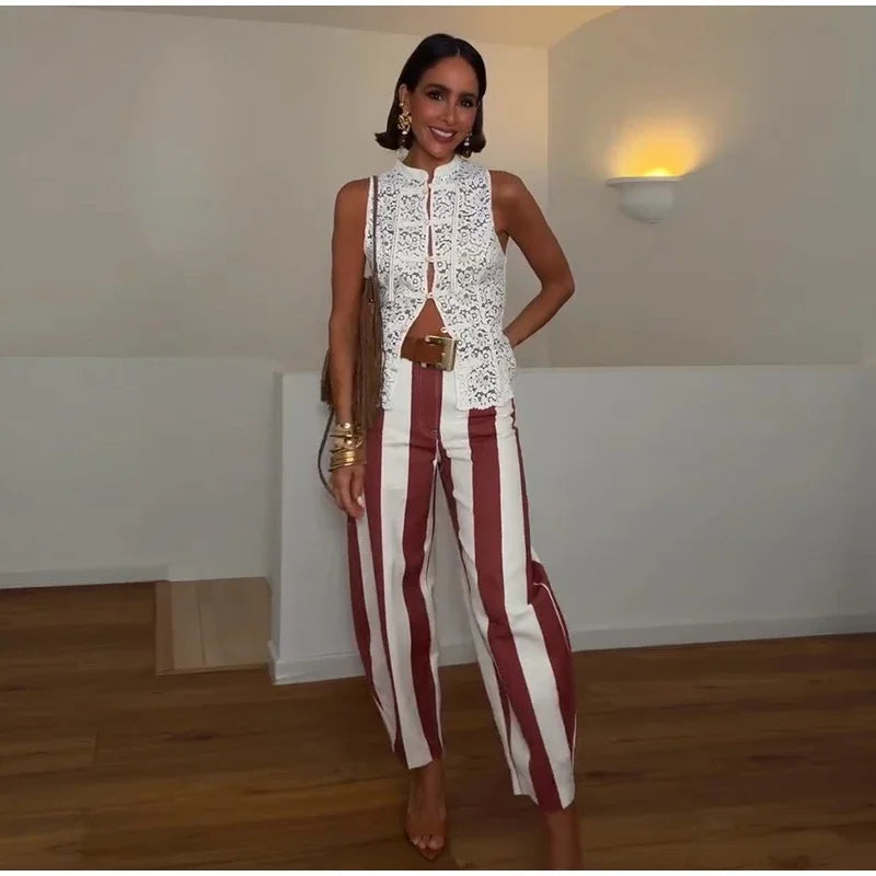 Casual Stripe Contrast Women's Pants Loose Zipper Button Pocket Wide Leg Female Pant 2026 Spring Summer Lady All-match Trousers