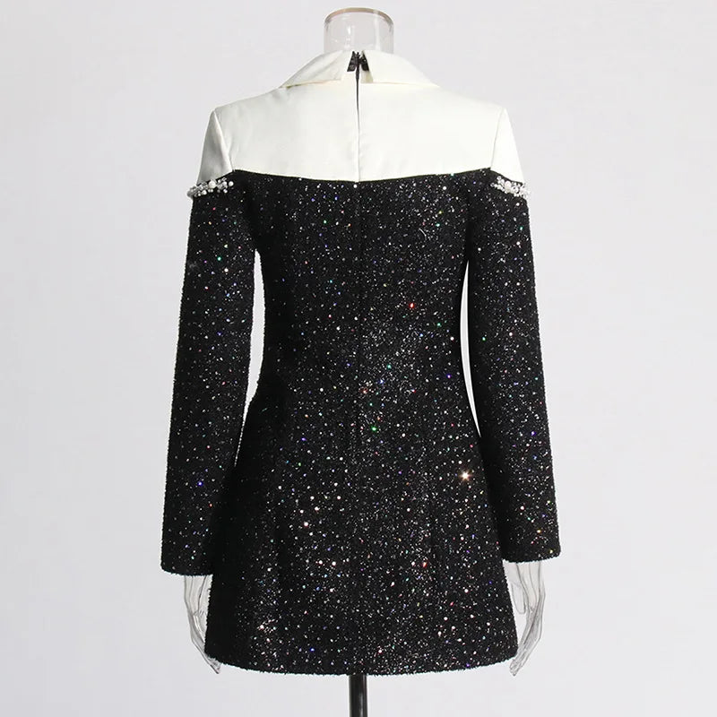 2025 Dress Women Female Clothing Fashion Summer New Sequined Contrast Color Heavy Beading Slim Fit Long Sleeve A-line Dress