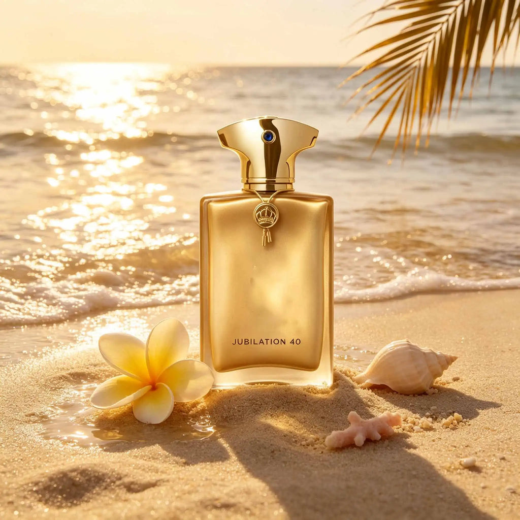 Jubilation 40, a luxurious golden fragrance with rich warm notes. Elegant bottle design, perfect for special occasions, gifts and personal collection.