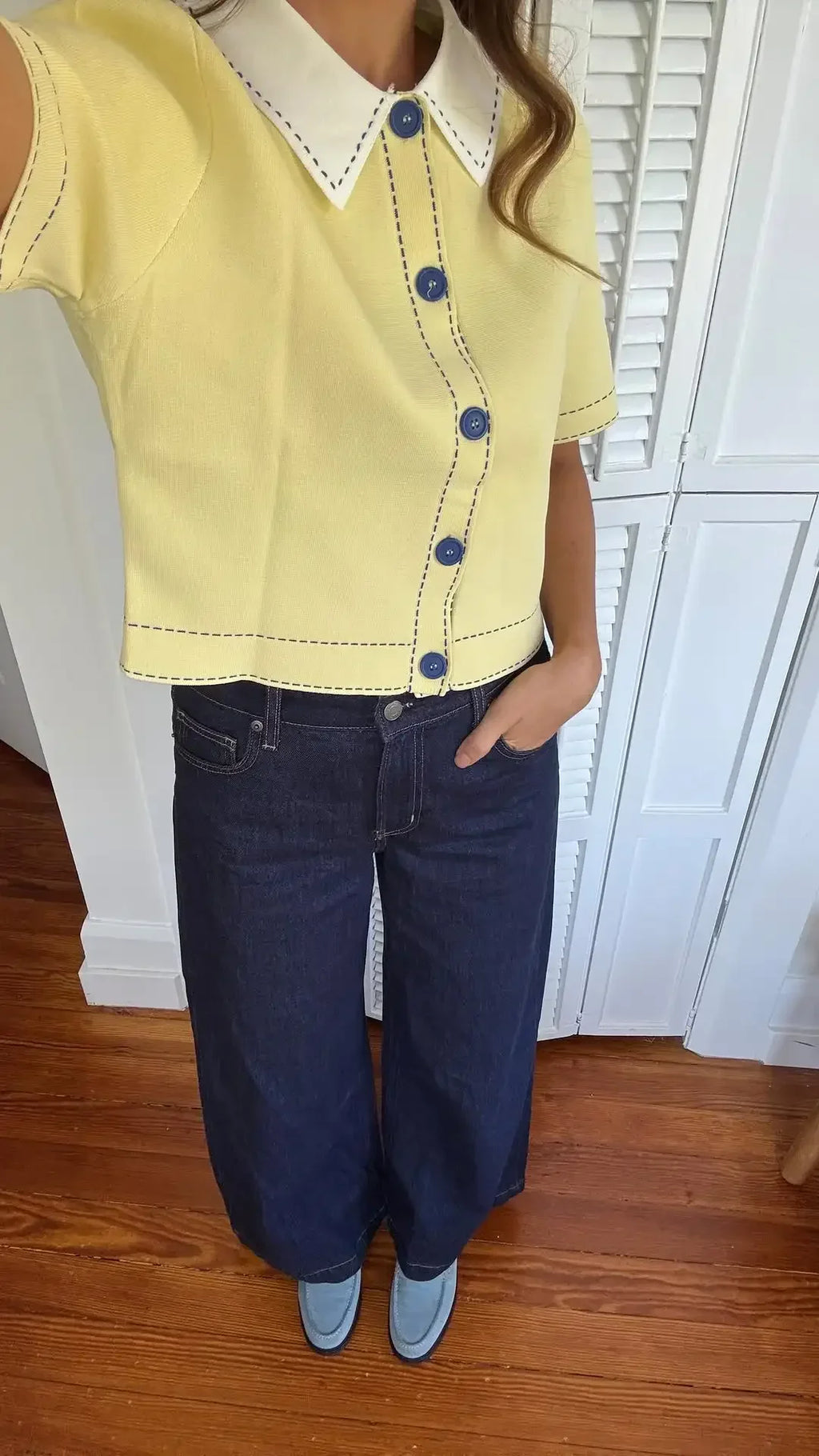 Casual Yellow Lapel Knitted Sweater Women Chic Short Sleeve Single Breasted Warm Pullover Lady Autumn Commute Street Outwear New
