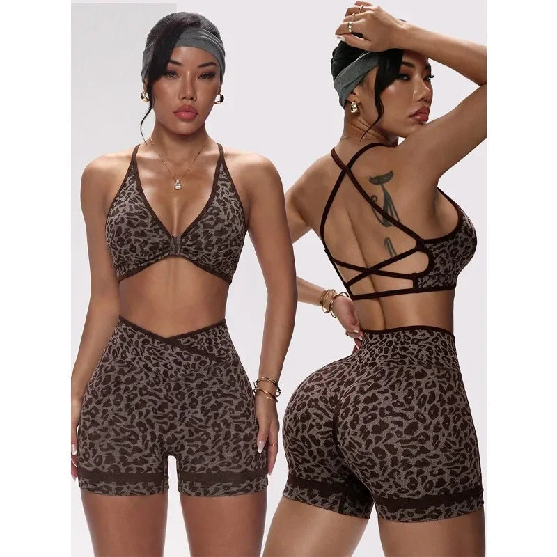 Women Seamless Leopard Print Yoga Outfit Cross Back Sports Bra and Biker Shorts 2 Piece Set Gym Workout Fitness Active Wear