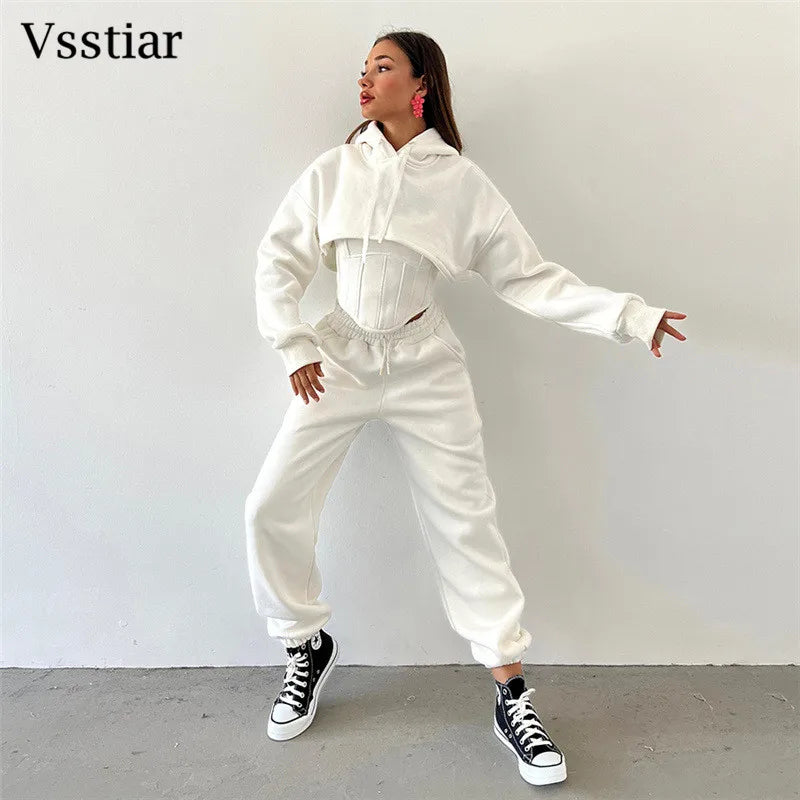 Vsstiar Women Three Piece Set Long Sleeve Hooded Crop Top Irregulary Tanks Pockets Pants Casual Tracksuit Fashion Female Clothes