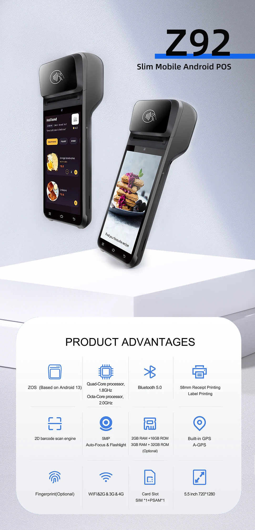 Mobile POS Terminal Android 13.0 Octa-core 2.3GHz 3GB RAM 32GB SSD Wi-Fi Bluetooth USB Thermal Printer Handheld Mobile POS