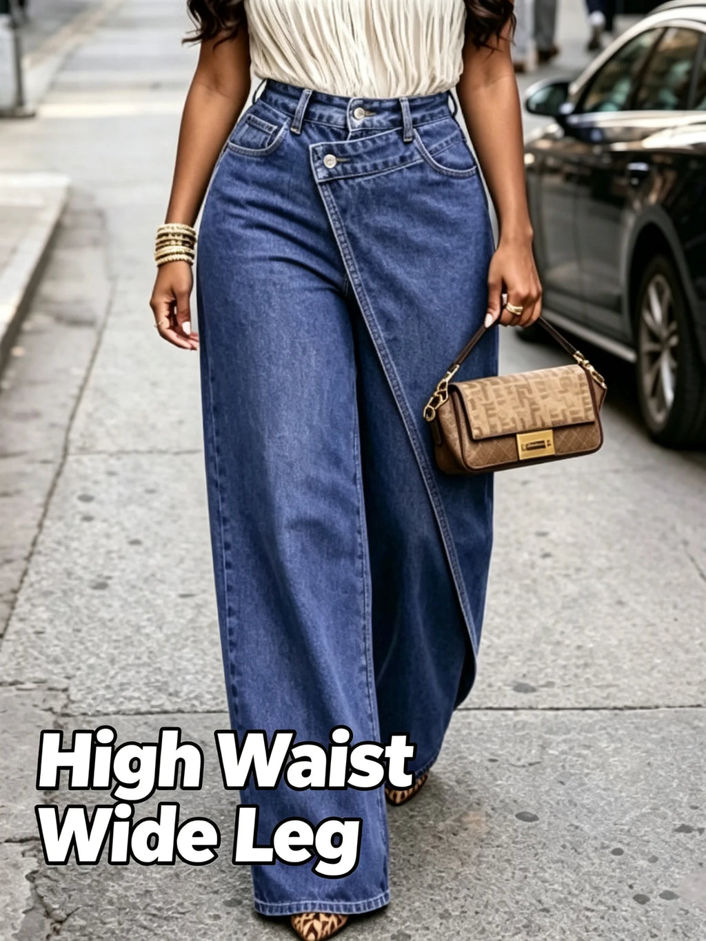 2026 New Women High Waist Wide Leg Jeans Asymmetrical Wrap Front Design Loose Straight Denim Pants Casual Office Wear Trousers