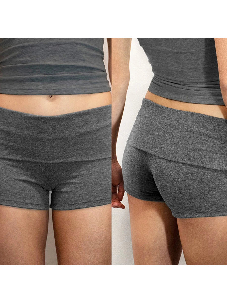 Summer Slim Yoga Shorts Women Casual Solid Color Fold Over Low Waist Lounge Shorts