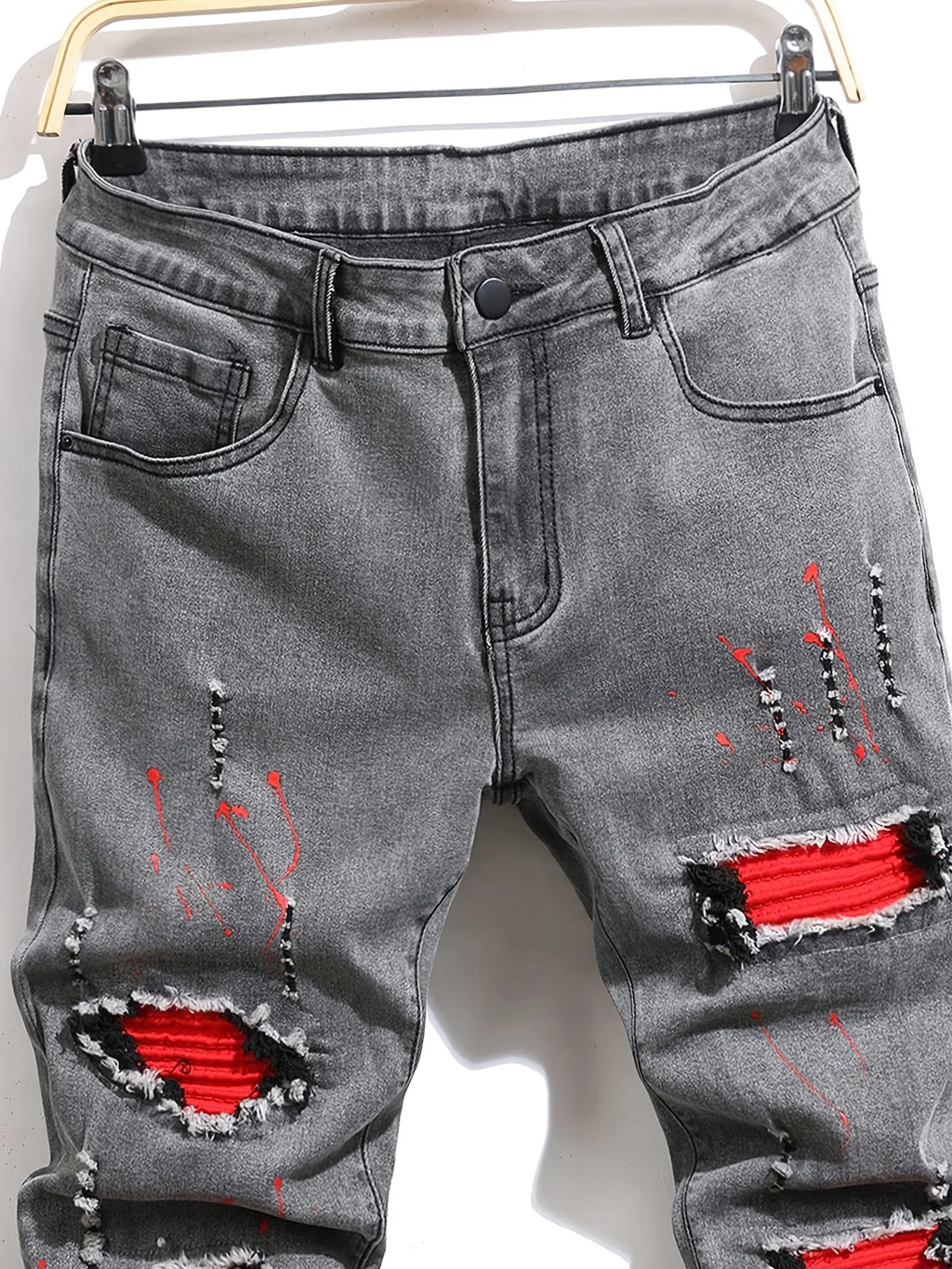 Men's Ripped Denim Jeans for Man High Stretch Skinny Biker Pants Casual Slim Fit Trousers with Patchwork Embroidery Streetwear
