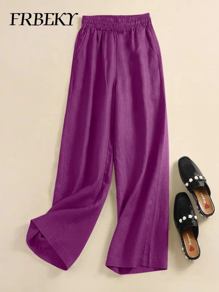 Women's Pants Summer Cotton Linen Wide-legged Elastic Waist Tie Casual Pants Loose Versatile High-waisted Straight Trousers