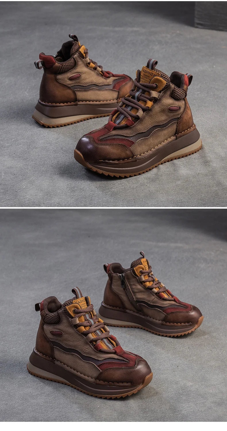 DRKANOL 2026 Women Boots Autumn Winter Mixed Colors Genuine Cow Leather Warm Ankle Boots Ladies High Top Casual Sneakers Shoes