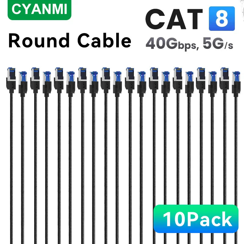 CYANMI Cat 8 Ethernet Cable 2000MHz 40Gbps High-Speed Nylon Braided RJ45 Network LAN Patch Cord for Indoor And Outdoor Use