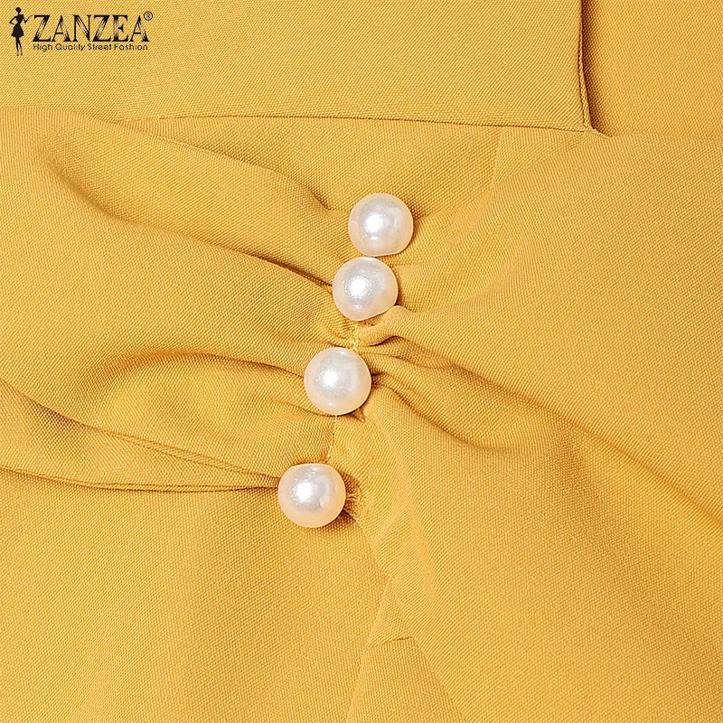ZANZEA Elegant Chic Women A-Line Dresses Summer Fashion Square Neck Short Sleeve High Waisted Midi Robes Femme Office Vestidos