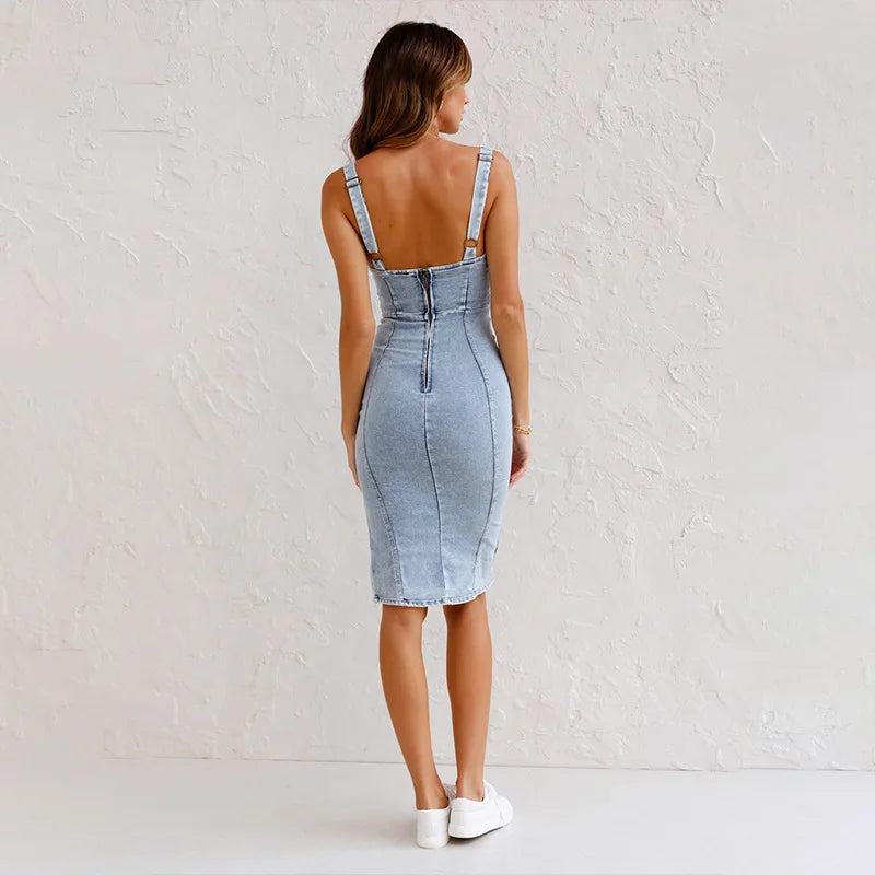 Summer New U Neck Halter Denim For Women's Dresses Fashion Slim Fit Wrap Hip Retro Female Party Sexy Split Denim Dresses