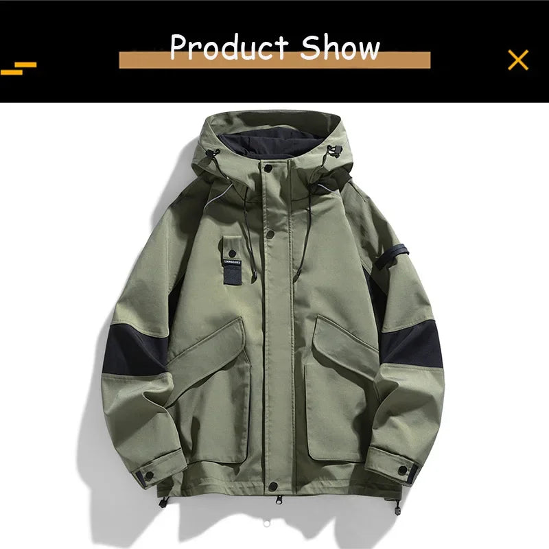 2026 Men Spring Autumn Outdoor Leisure Cargo Hooded Jacket Men Hiking Sport Windbreak Fashion Pocket Loose Jacket Coat Male Hots