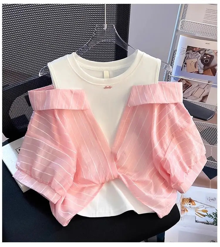 Girls' Western Style Loose Fitting Shirt 2026 New Children's Off Shoulder Top T-Shirt Fake Two-Piece Top