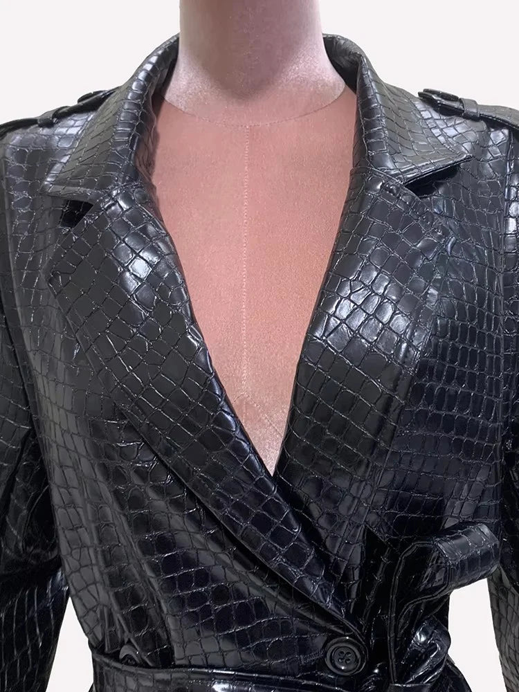 Mauroicardi Spring Autumn Extra Long Shiny Reflective Crocodile Print Pu Leather Trench Coat for Women Luxury Designer Clothes