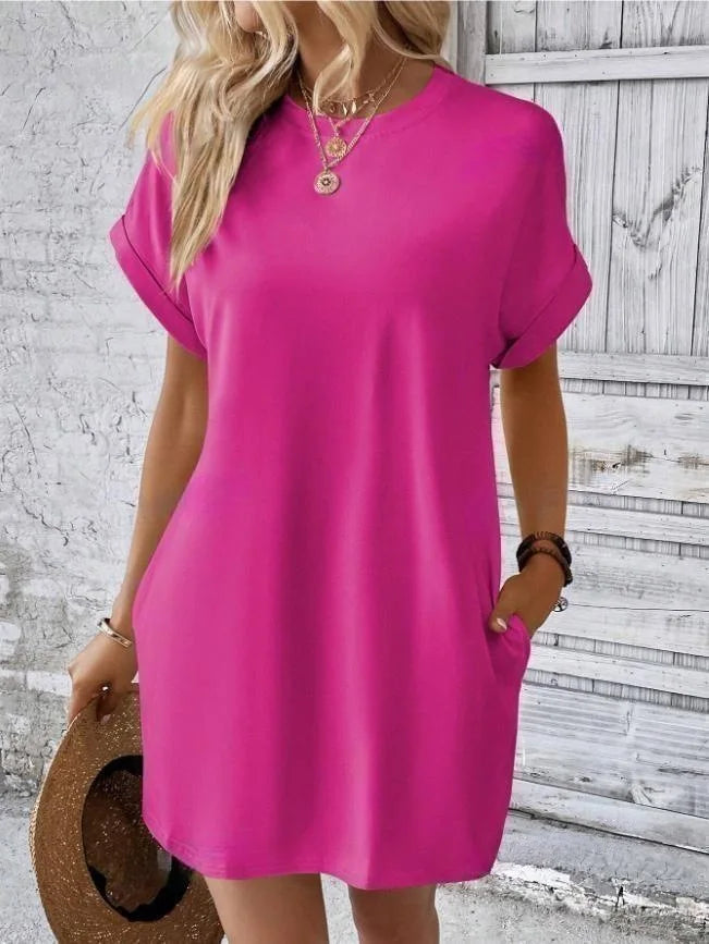 New women's spring and summer fashionable temperament casual commuting solid color round neck loose short sleeved pocket dress
