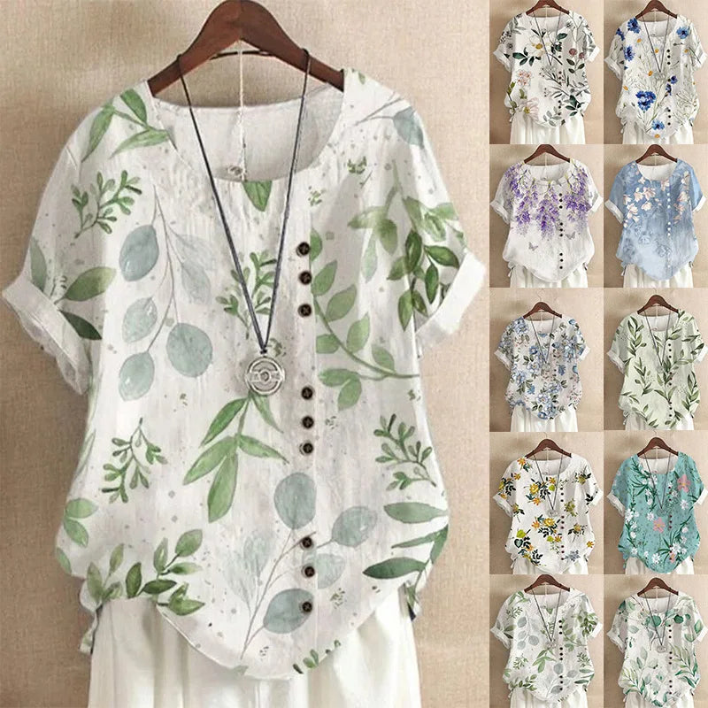 2025 Summer retro fashion printed loose casual shirt top, suitable for casual or vacation ladies' beachwear