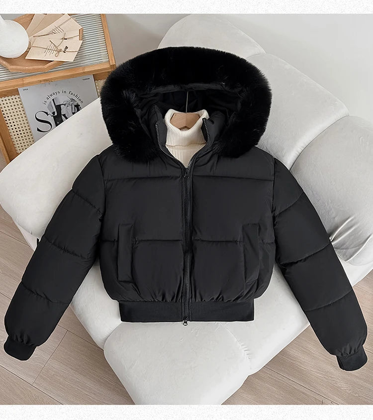 Women's Short Thickened Winter Cotton Jacket Quilted Coat Fur Collar American Retro Style Warm Casual Fashion Regular Fit