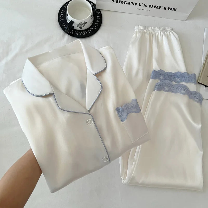 Women's Spring/Autumn Ice Silk Nightwear Set Luxurious Lace Trim Long-Sleeved Lightweight Homewear Actual Product Photography