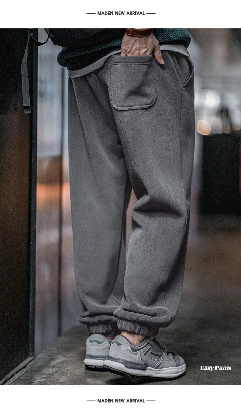 Maden Men's Casual Polar Fleece Cuffed Sweatpants Solid Color Elastic Waist Fleece-lined Pants Warm Sports Straight-leg Trousers