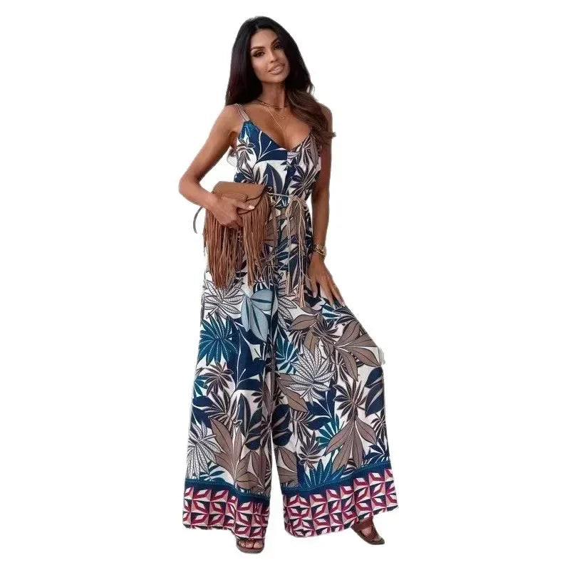 Pop Fashion Elegant V-neck High Waist Jumpsuit Women's Pattern Print Loose Long Romper Causal Sleeveless Wide Leg Playsuit Women