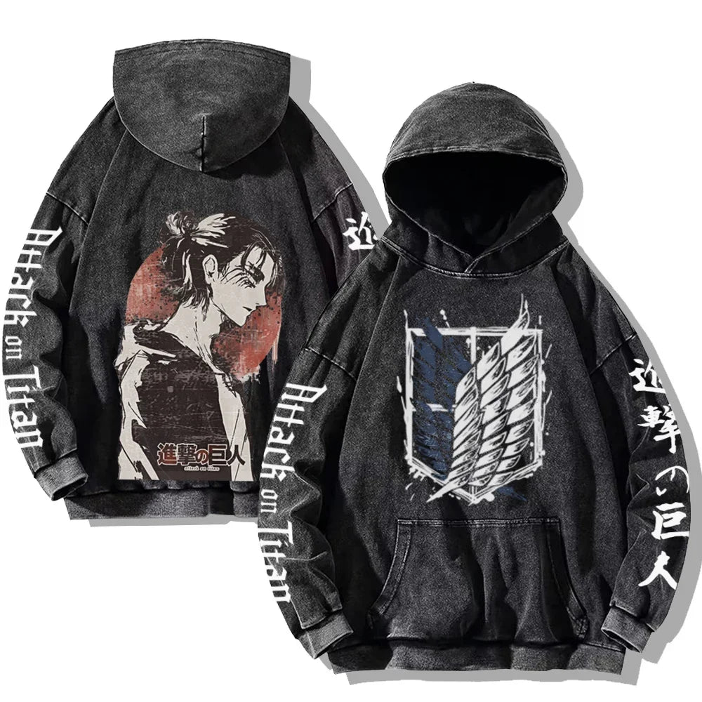 Vintage Washed Men's Hoodies Shield Print Hooded Sweatshirt Hip Hop Streetwear Y2K Hooded Pullover Y2K Loose Casual Tops