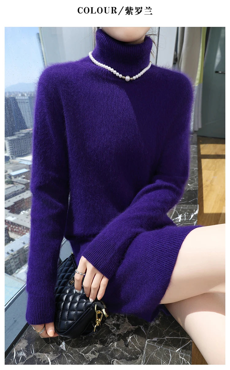 New Hot Selling 100% Mink Cashmere Knitted Women's High Neck Pullover Dress Sweater Slim Fit Solid Color Long Women's Dress