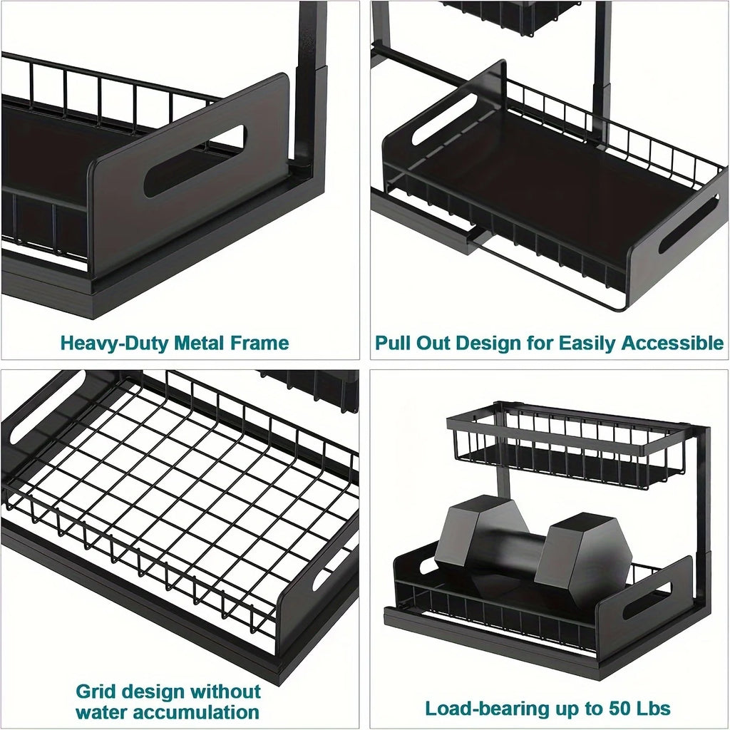 Under Sink Sliding Drawer Organizer - Metal Storage Rack with Pull-Out Shelves - Multi-Room Kitchen Bathroom Cabinet Organizer