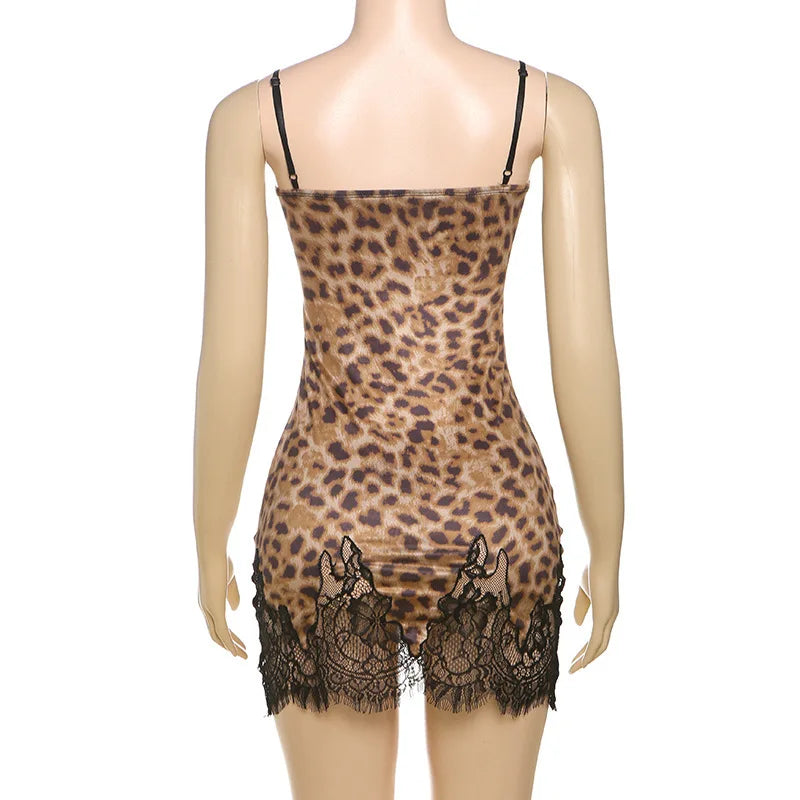 JULISSA MO Patchwork Printed Leopard Lace Women Mini Dress Spaghetti Strap High Waist Dress Summer Slim Elegant Party Club Dress