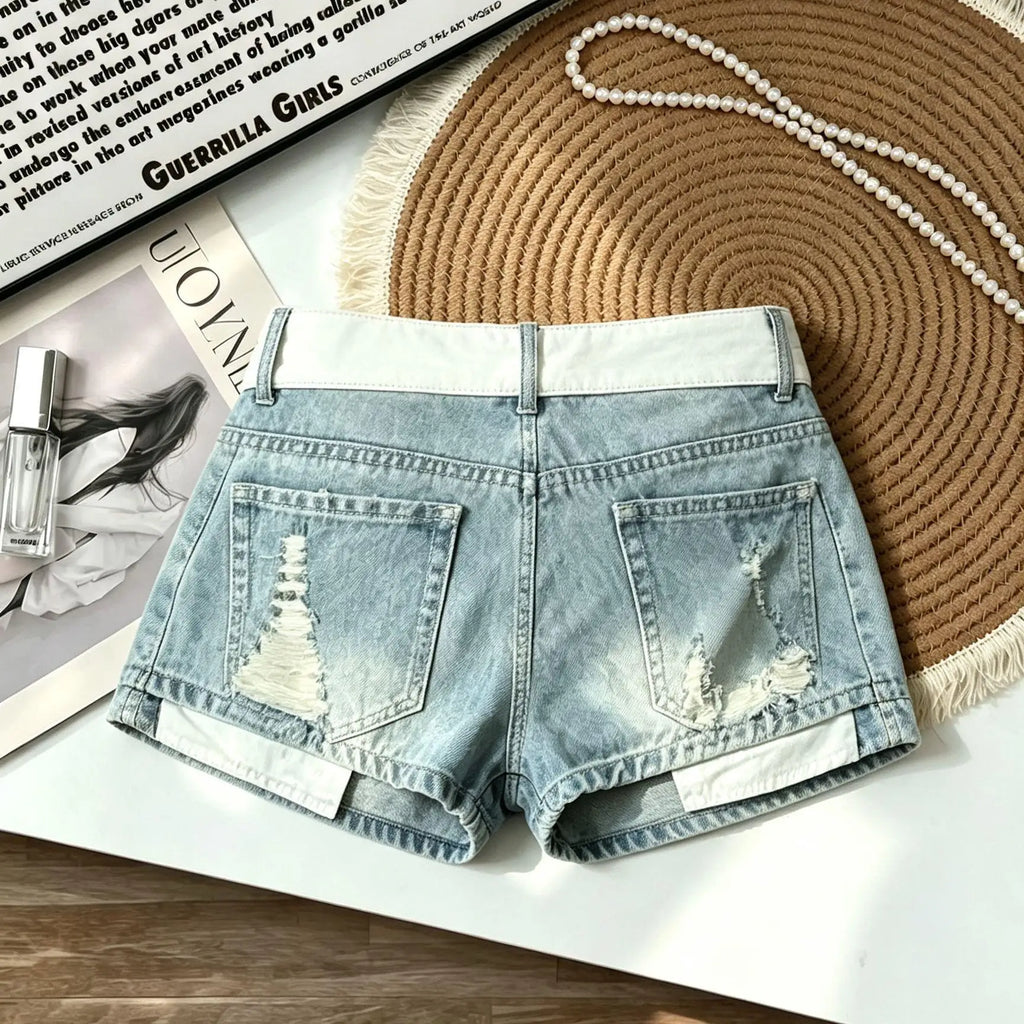 Retro Flanged Waist Ripped Denim Shorts Women's Summer Sexy Hip-wrapped Straight Hot Pants