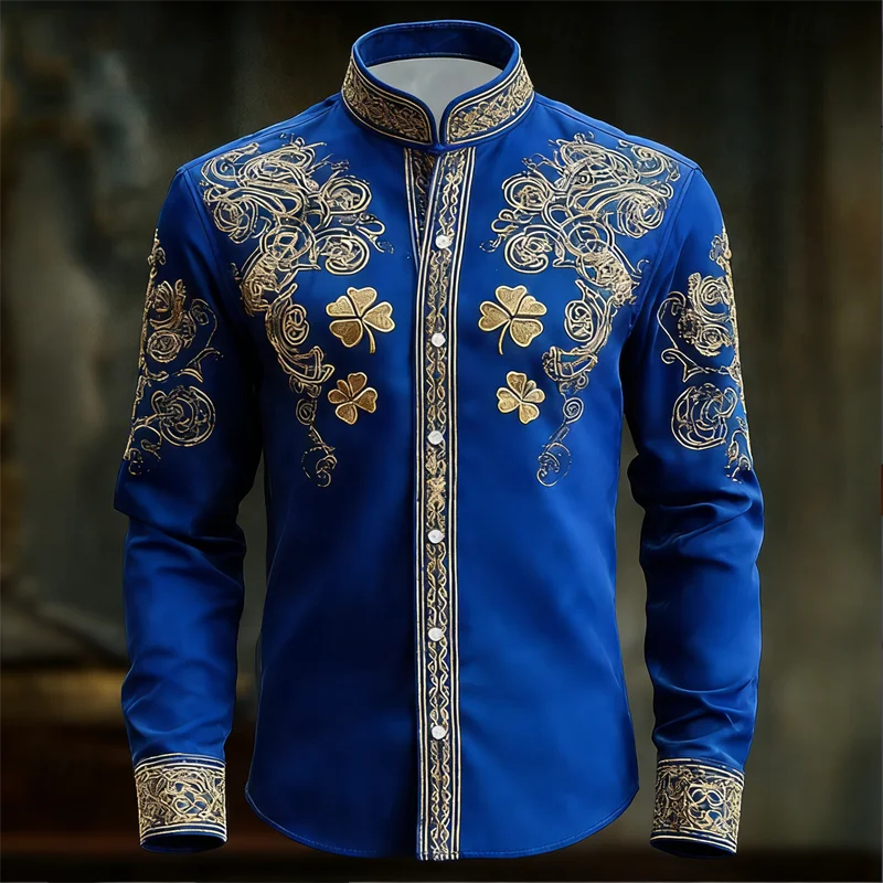 New Men's Floral Long Sleeved Shirt with Gold 3D Clover Print, Fashionable and Luxurious Long Sleeved Shirt Top