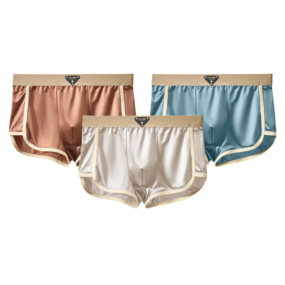 3PCS/Pack Luxury Solid Satin-like Boxer Man Cool 10A Antibacterial Silk U-shape Pouch Men's Panties High Elastic Wais Underpants