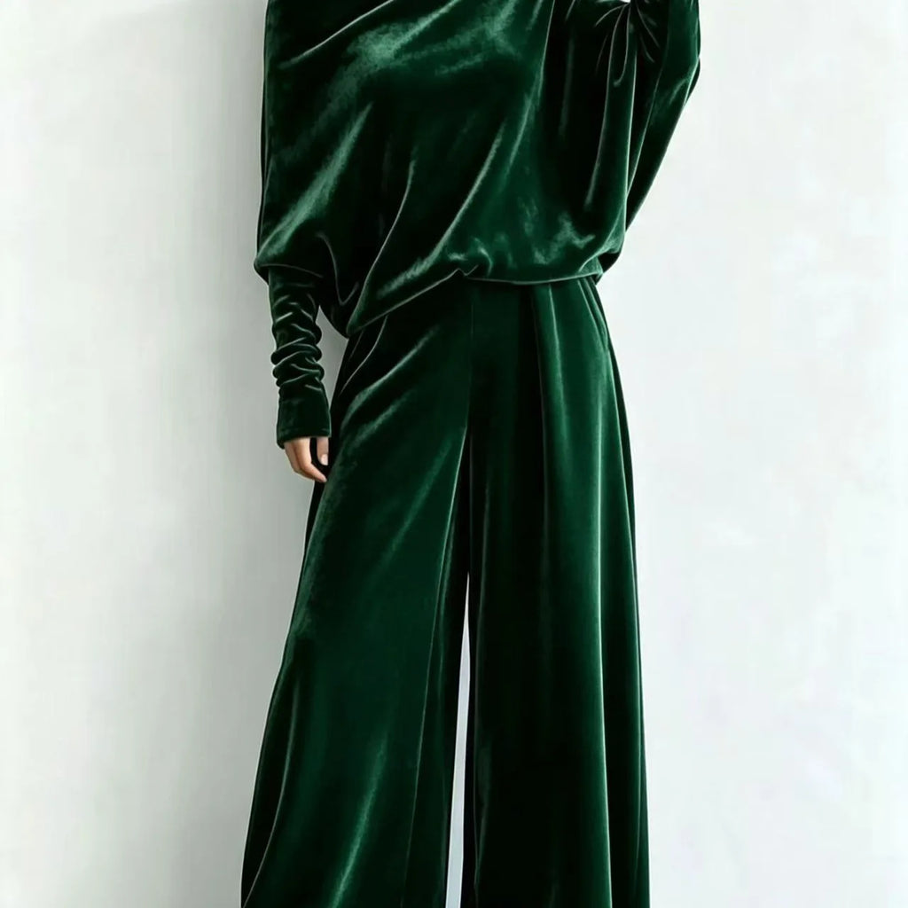 Women's Suit Two Piece Pants Set One Shoulder Batwing Sleeve Velvet Wide Leg Trousers Loose Fit Autumn Winter Tracksuit