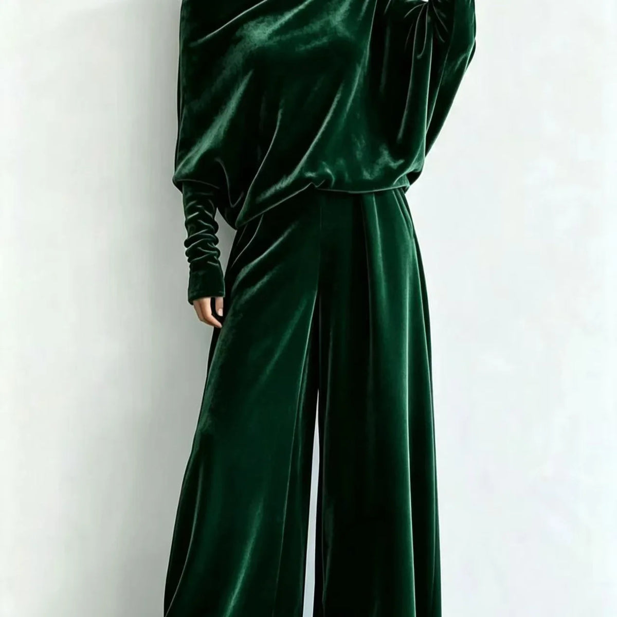 Women's Suit Two Piece Pants Set One Shoulder Batwing Sleeve Velvet Wide Leg Trousers Loose Fit Autumn Winter Tracksuit
