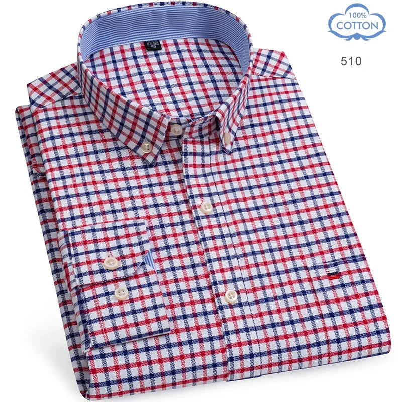 2025 Men's Social Shirt Pure Cotton Oxford Luxury Brand Thin Soft Buttoned Plaid Formal Work Western Clothing