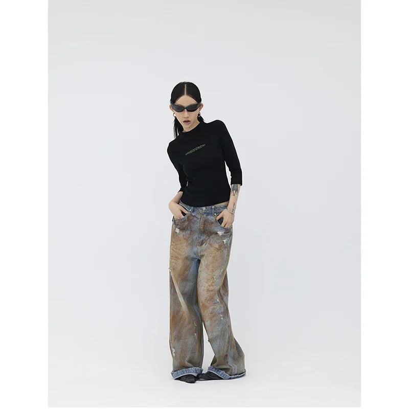 Vintage Washed Baggy Jeans Women Y2K Harajuku Streetwear Loose Wide Leg Denim Pants High Waist Retro Distressed Jeans Outfit y2k