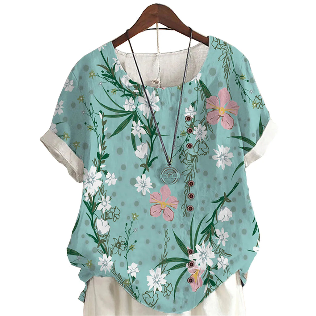 2025 Summer retro fashion printed loose casual shirt top, suitable for casual or vacation ladies' beachwear