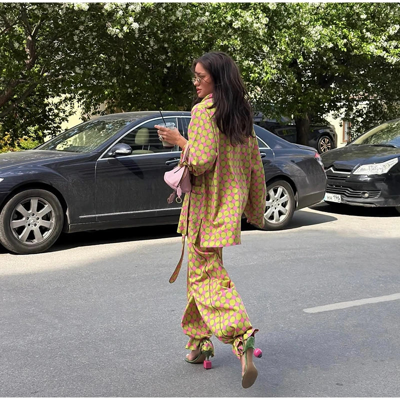 Vacation Geometric Printed Loose Pants Sets Women Lapel Full Sleeve Pocket Shirts Wide Leg Pant Suits 2026 Summer Street Outfit
